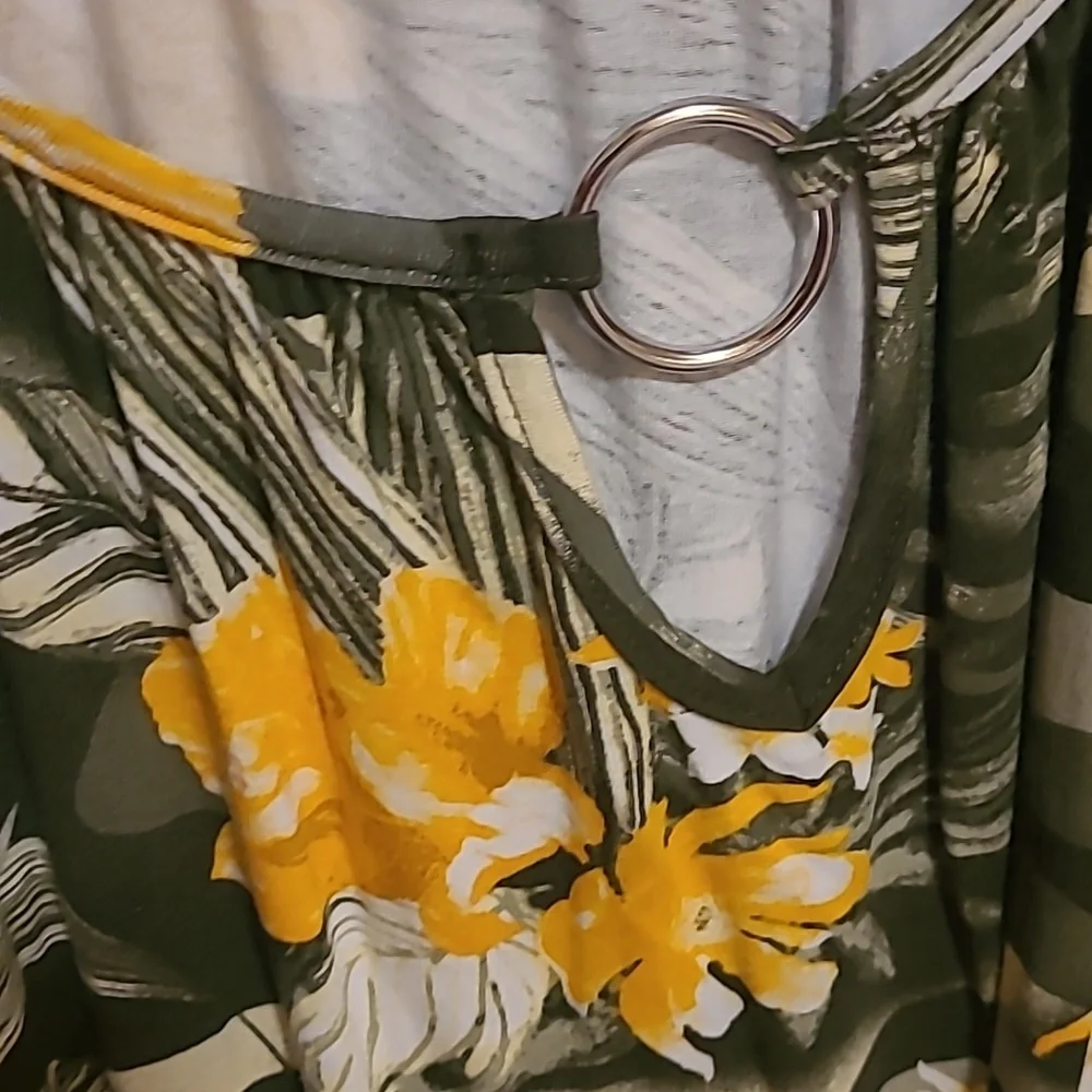 Women's Olive Green Floral Tunic Top with Yellow Flower Print - Picture 3 of 3